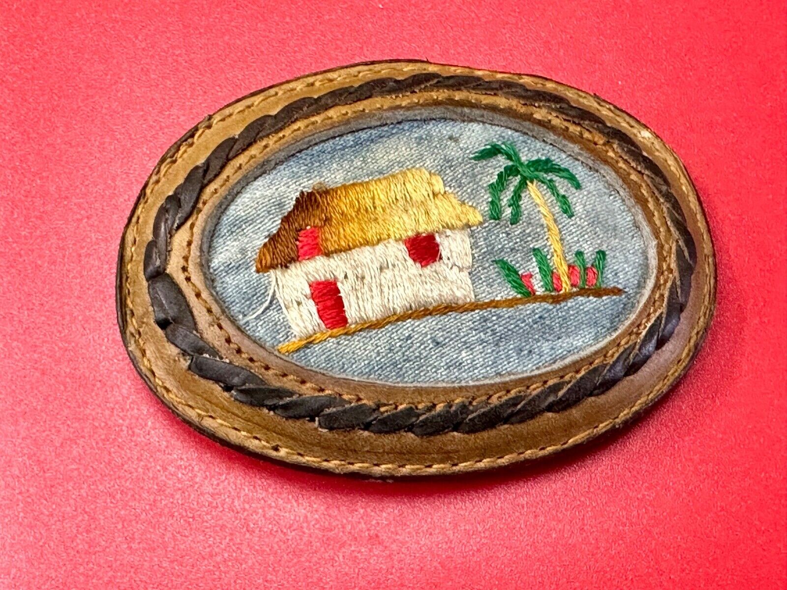 tropical vacation beach scene - QUALITY mixed leather oval belt buckle