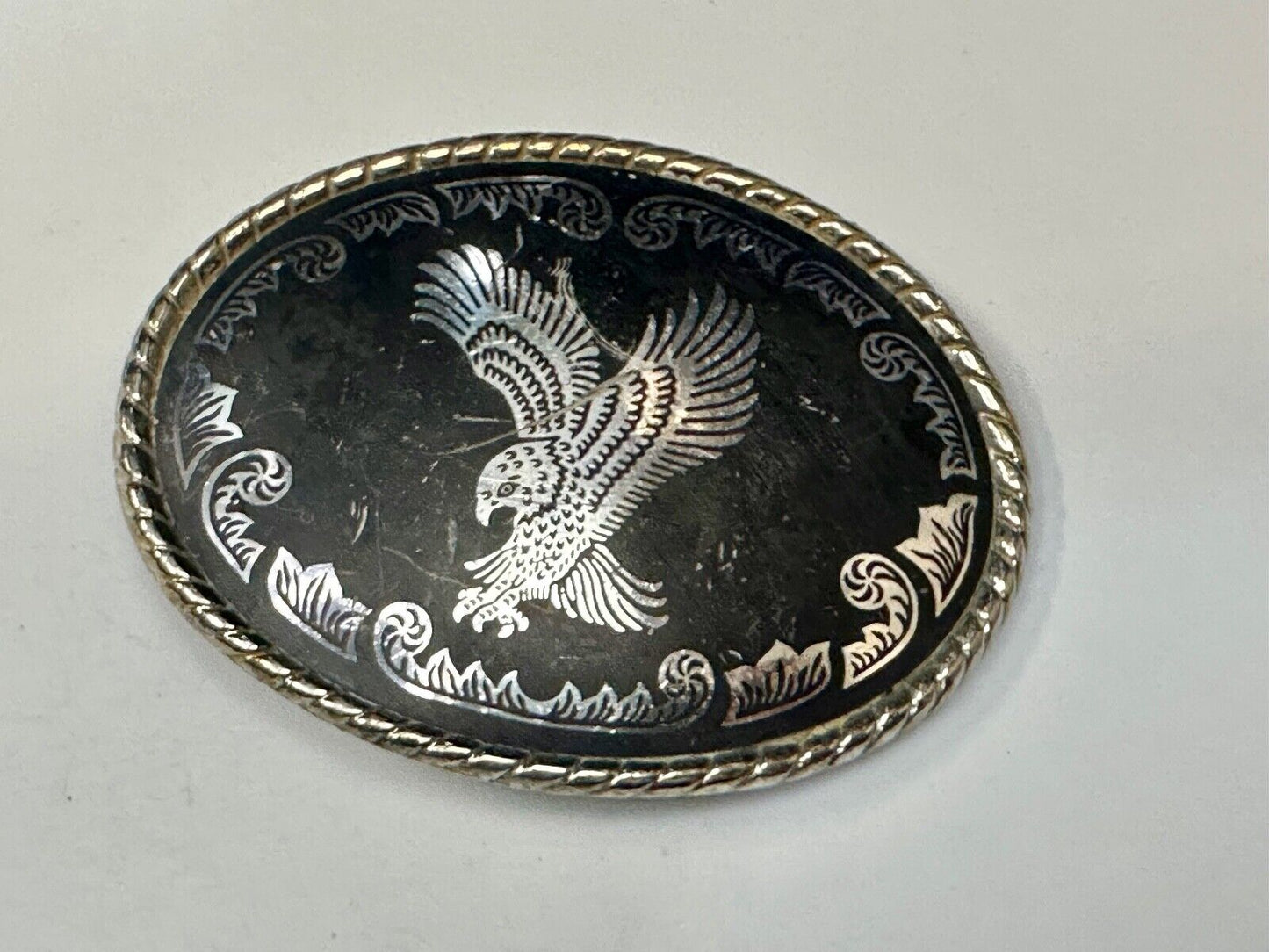 American Eagle black & silver tone Mixed metal vintage belt buckle marked W