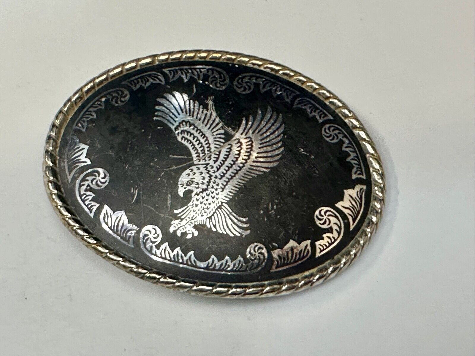 American Eagle black & silver tone Mixed metal vintage belt buckle marked W