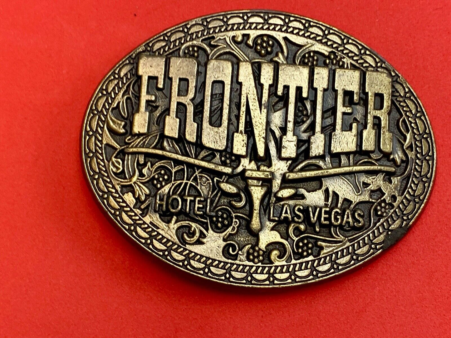 Vintage Frontier Hotel casino Las Vegas belt buckle - Western long horn 
