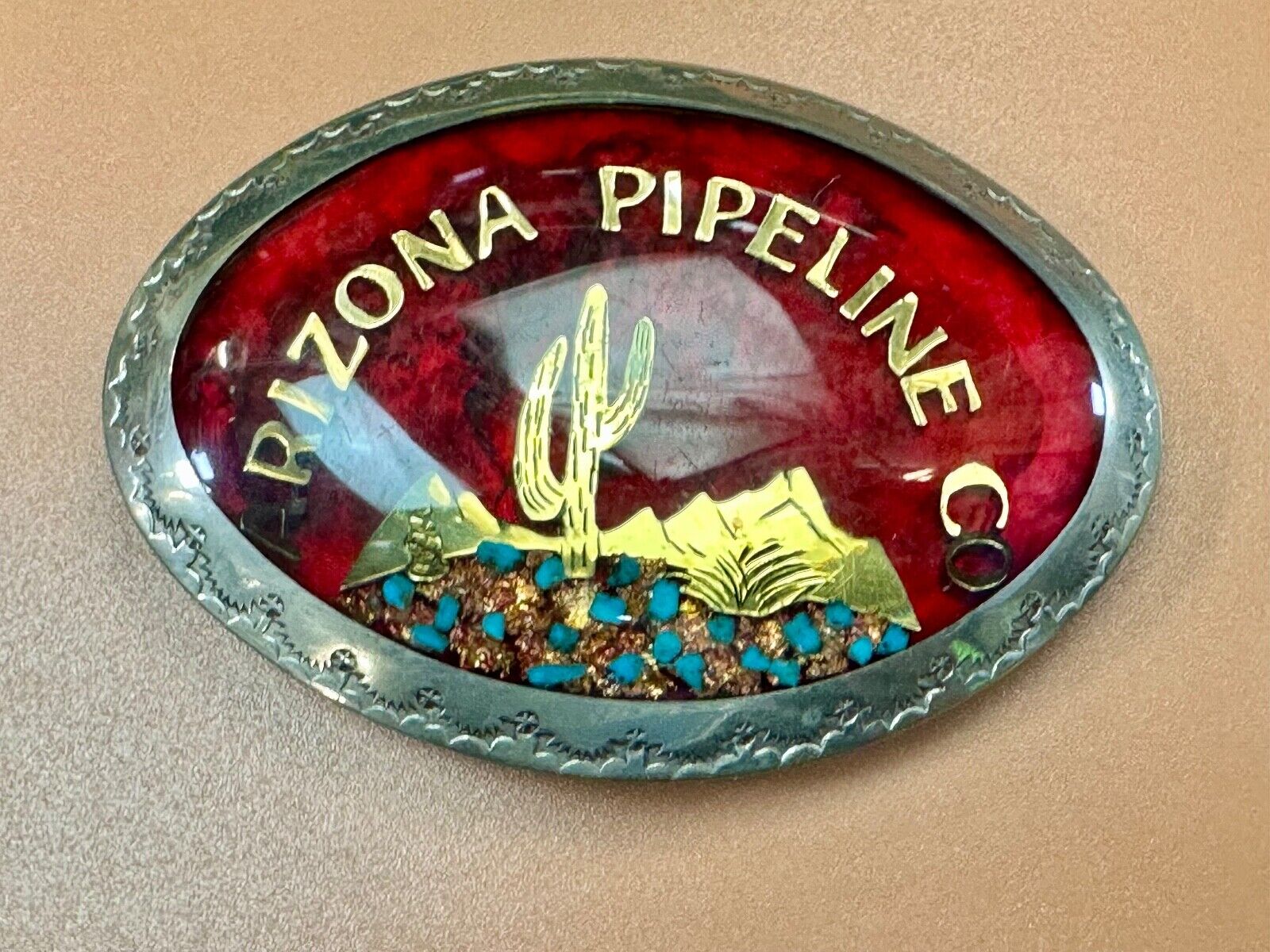 Arizona Pipeline Oil Mine inlaid turquoise Native American hallmark belt buckle