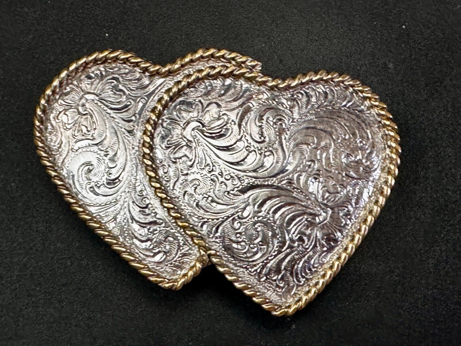 Two Deal Hearts - Vintage Award Design Medals Two Tone Western Belt Buckle