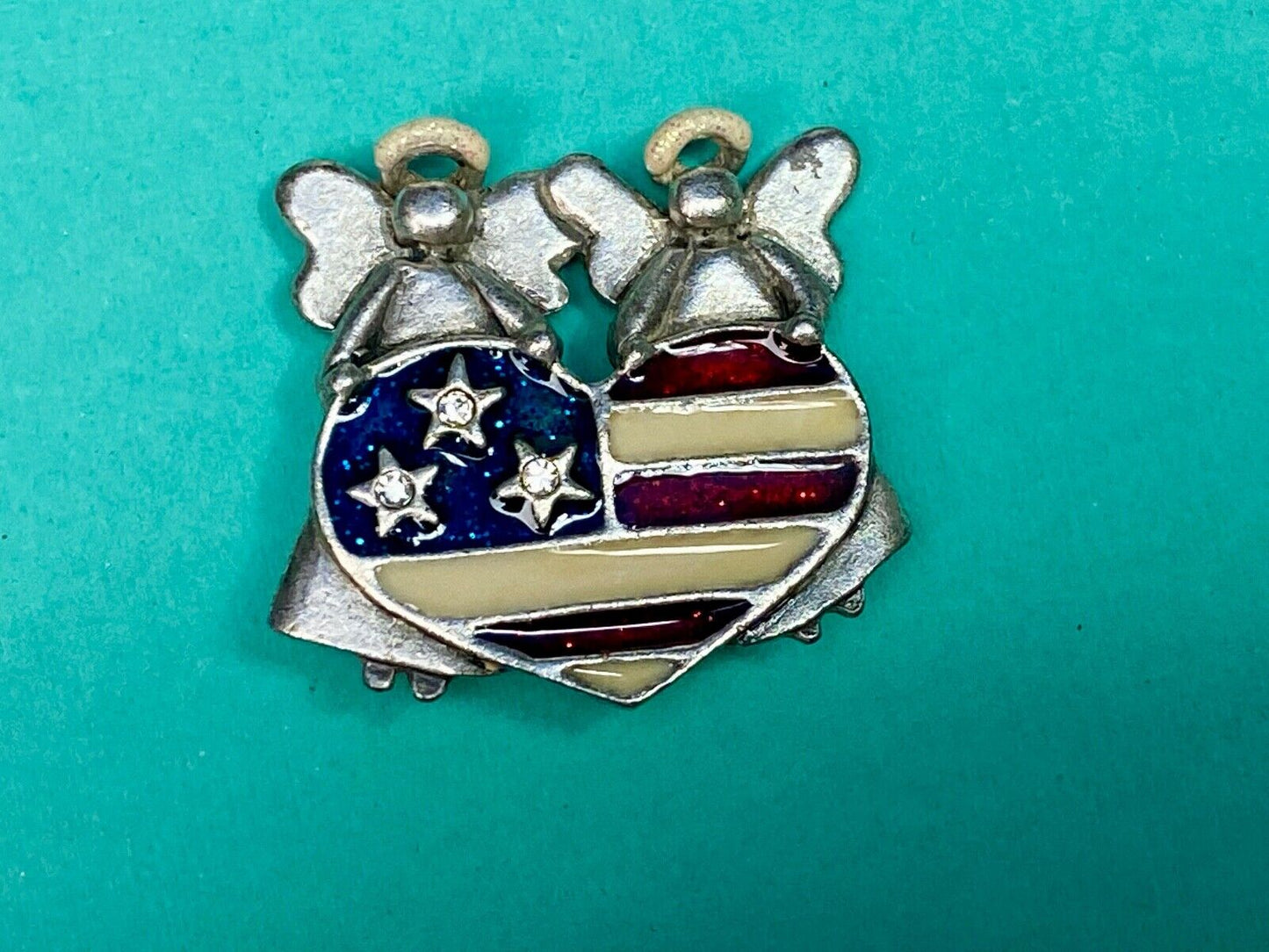Angels Holding American Flag Heart Vintage Brooch Pin Signed By Ajmc
