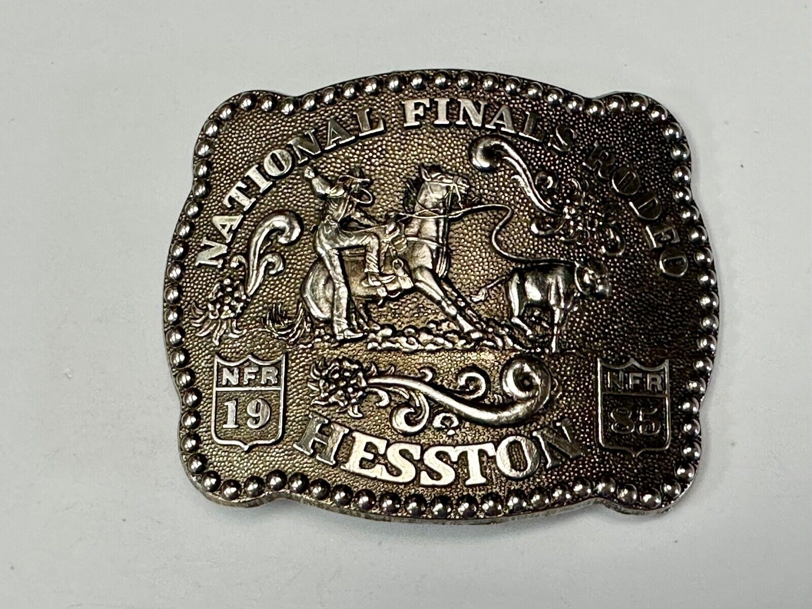 1985 NFR Rodeo Vintage Hesston Belt Buckle Steer Wrestling Cowboy