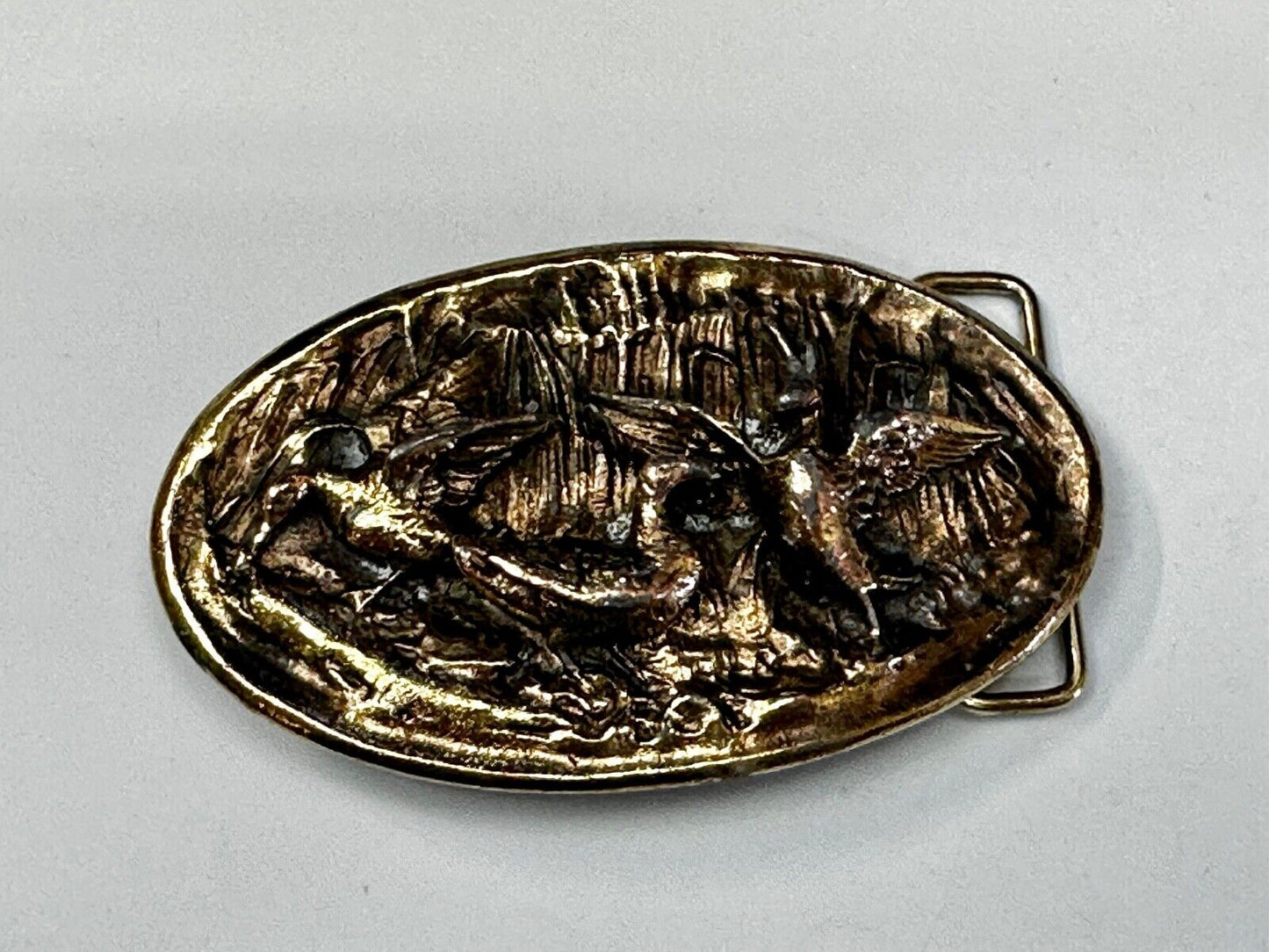 Two Ducks Frolicking In Pond Vintage 1970's Adezy Denver Belt Buckle