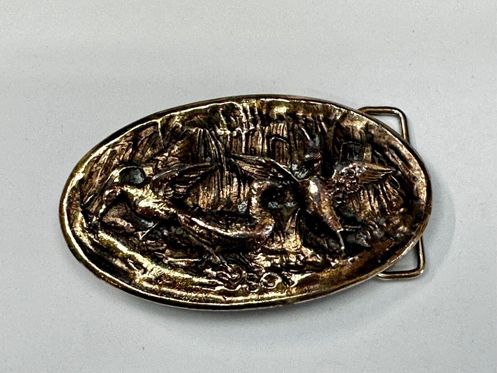 Two Ducks Frolicking In Pond Vintage 1970's Adezy Denver Belt Buckle