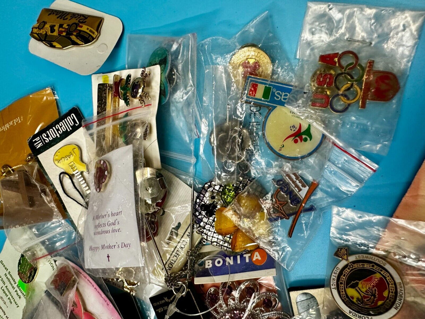 Around 50 Brooches &Pin's In Packaging Resale Bulk Lot, Junk Drawer Grab Bag