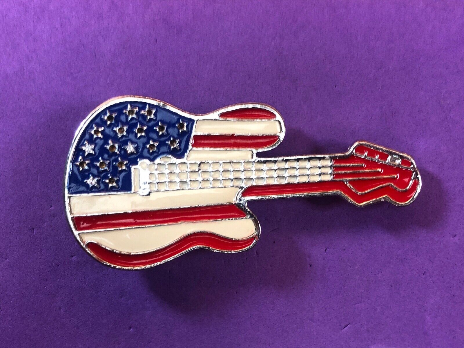 American USA flag colors on figural cut out guitar belt buckle  Rock & Roll! 