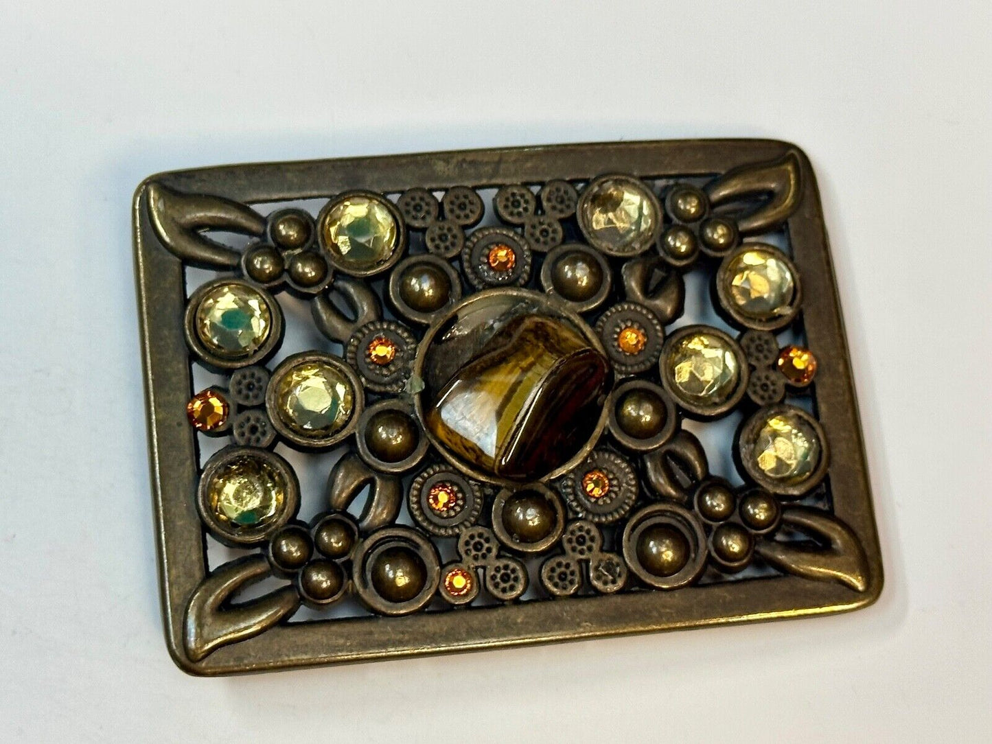 Antique Brass Style Hippie Vintage Belt Buckle With Tigers Eye In Center