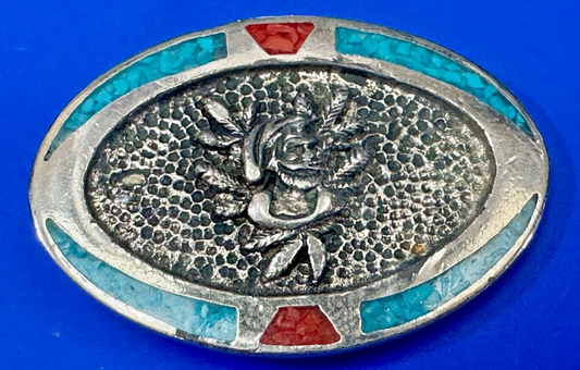 Beautiful ROSE flower Crushed Turquoise and Coral chip Boarder belt buckle by TT