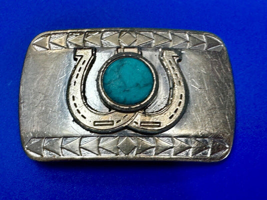 Turquoise Stone centerpiece Western Belt Buckle w/Lucky Dual Horseshoe Surround