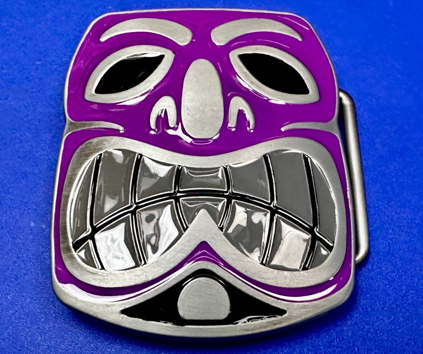 Tribal Tiki Mask Statue Animation Hawaiian Silver & Purple Color Belt Buckle