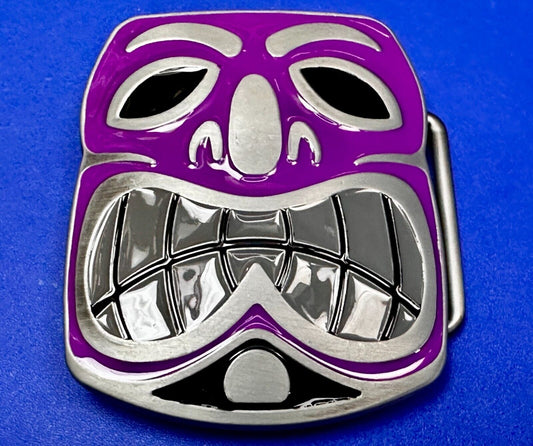 Tribal Tiki Mask Statue Animation Hawaiian Silver & Purple Color Belt Buckle