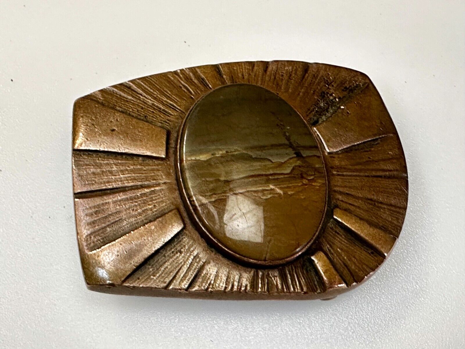 Art Deco Picture Jasper Cabochon Stone In Artisan Hippy Vibe Brass Belt Buckle