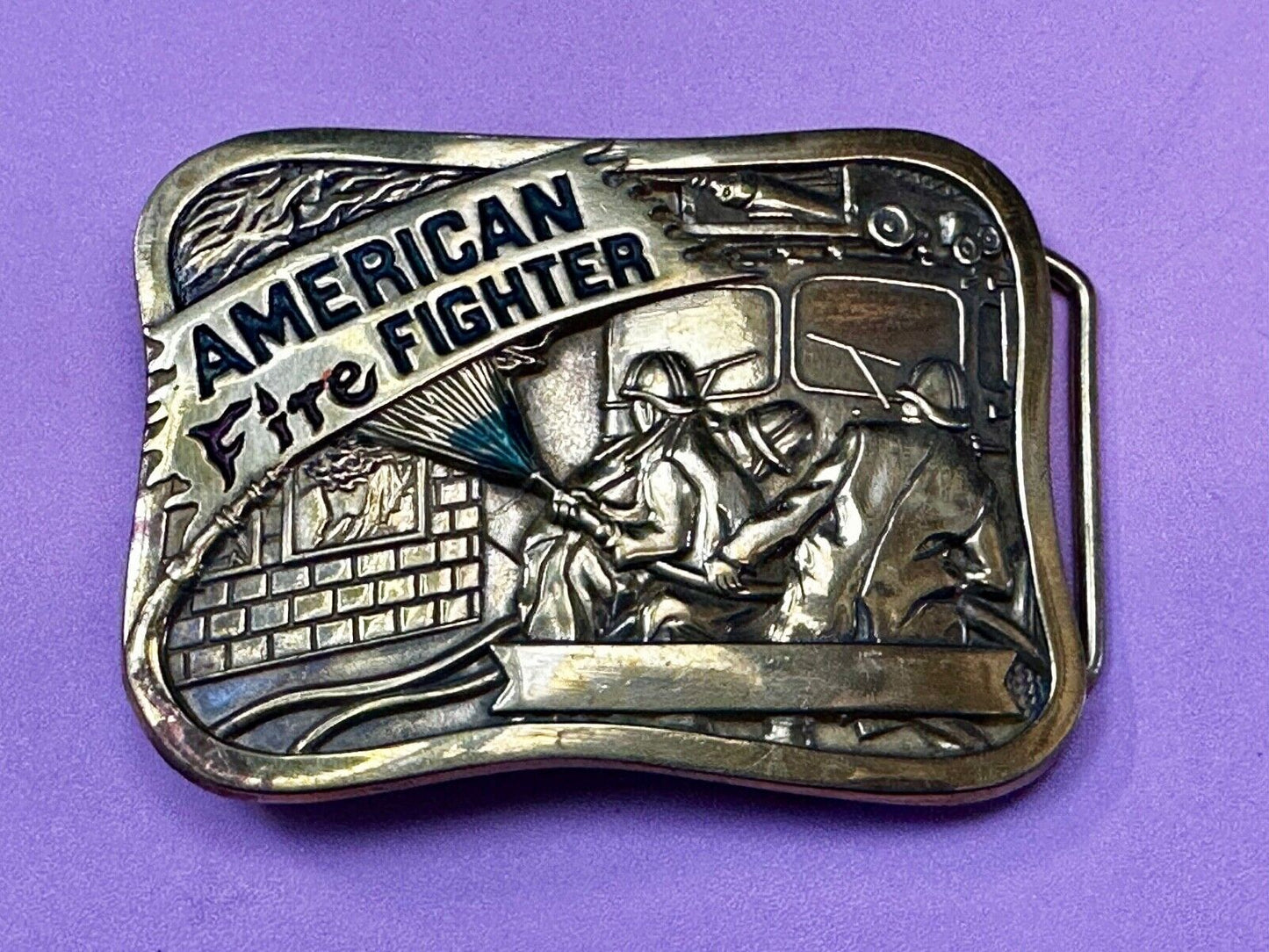 American Firefighters at work putting out fire Vintage 1981 Baron Belt Buckle