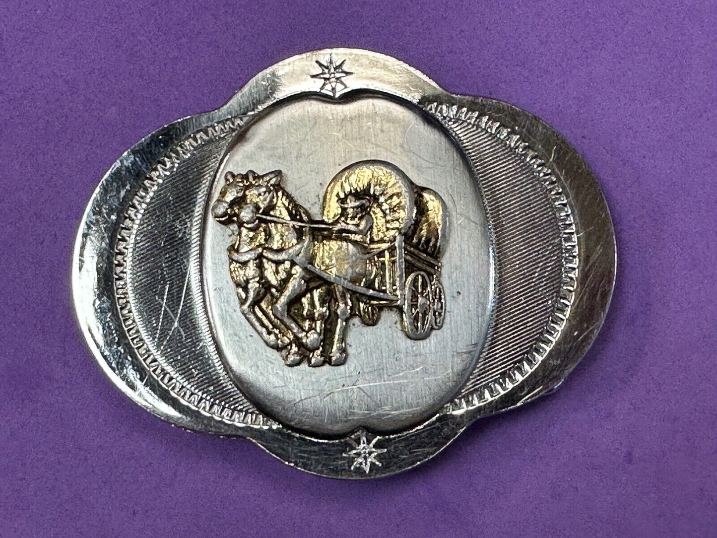 Vintage Horse Drawn Covered wagon on ornate western two tone belt buckle