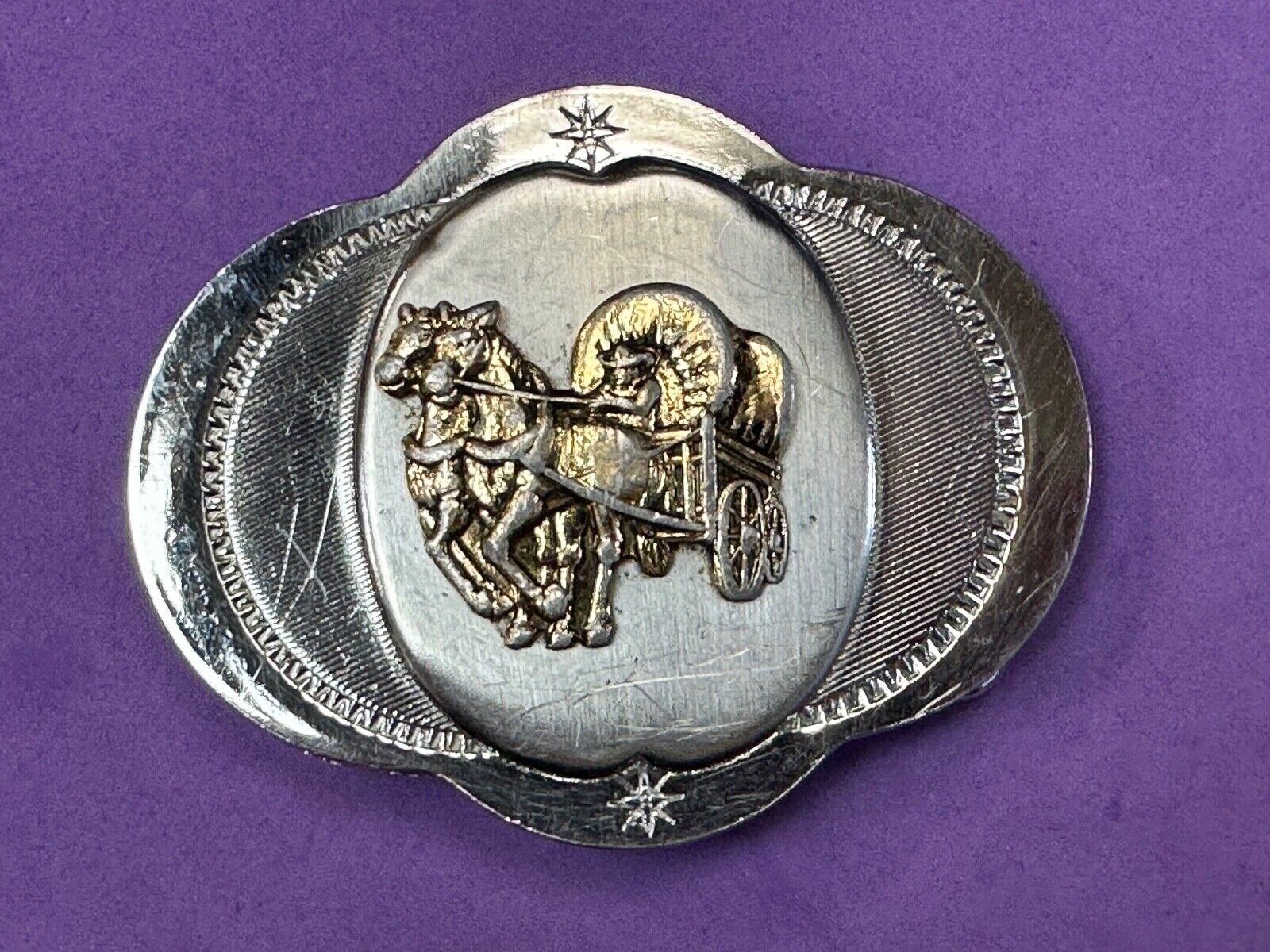 Vintage Horse Drawn Covered wagon on ornate western two tone belt buckle