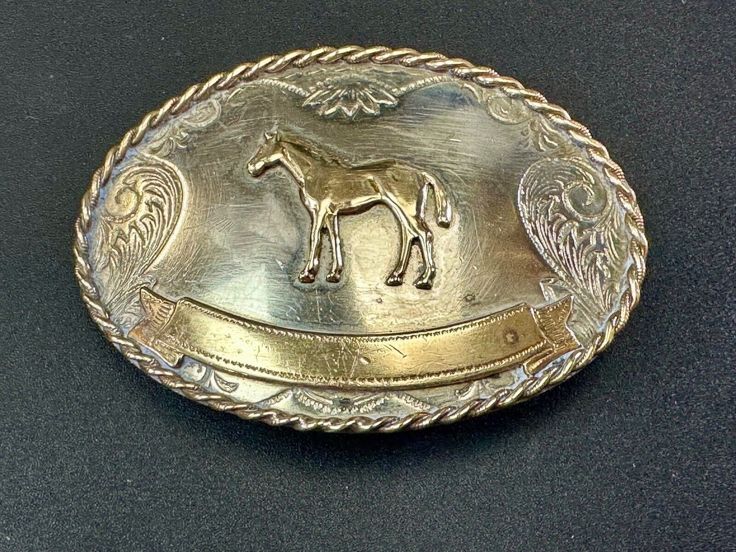 Vintage German Silver Standing Horse Engravable Trophy Award scroll belt buckle