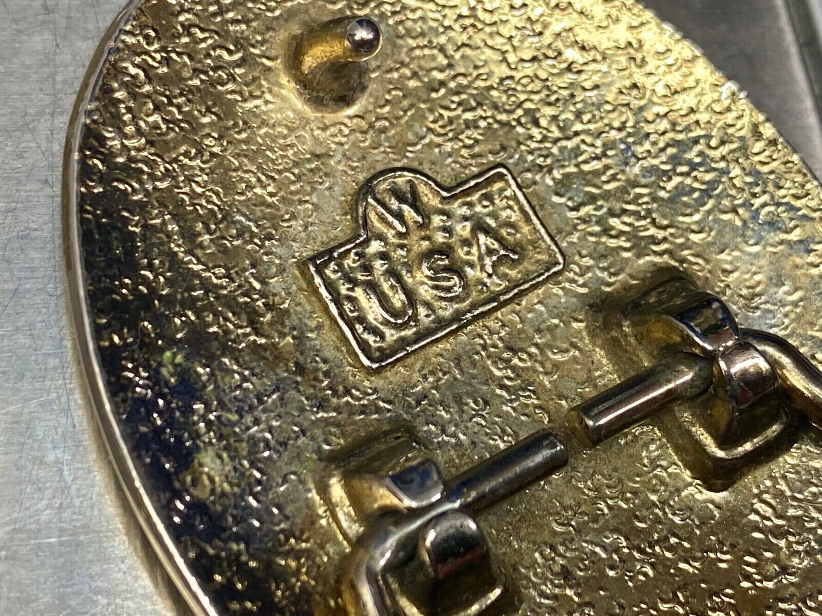 Vintage Etched? Mixed Metal Western flower oval belt buckle marked W 