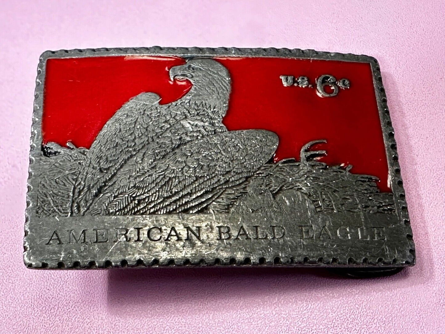 American Bald Eagle Postal Stamp Collectors Silver Red Color Belt Buckle