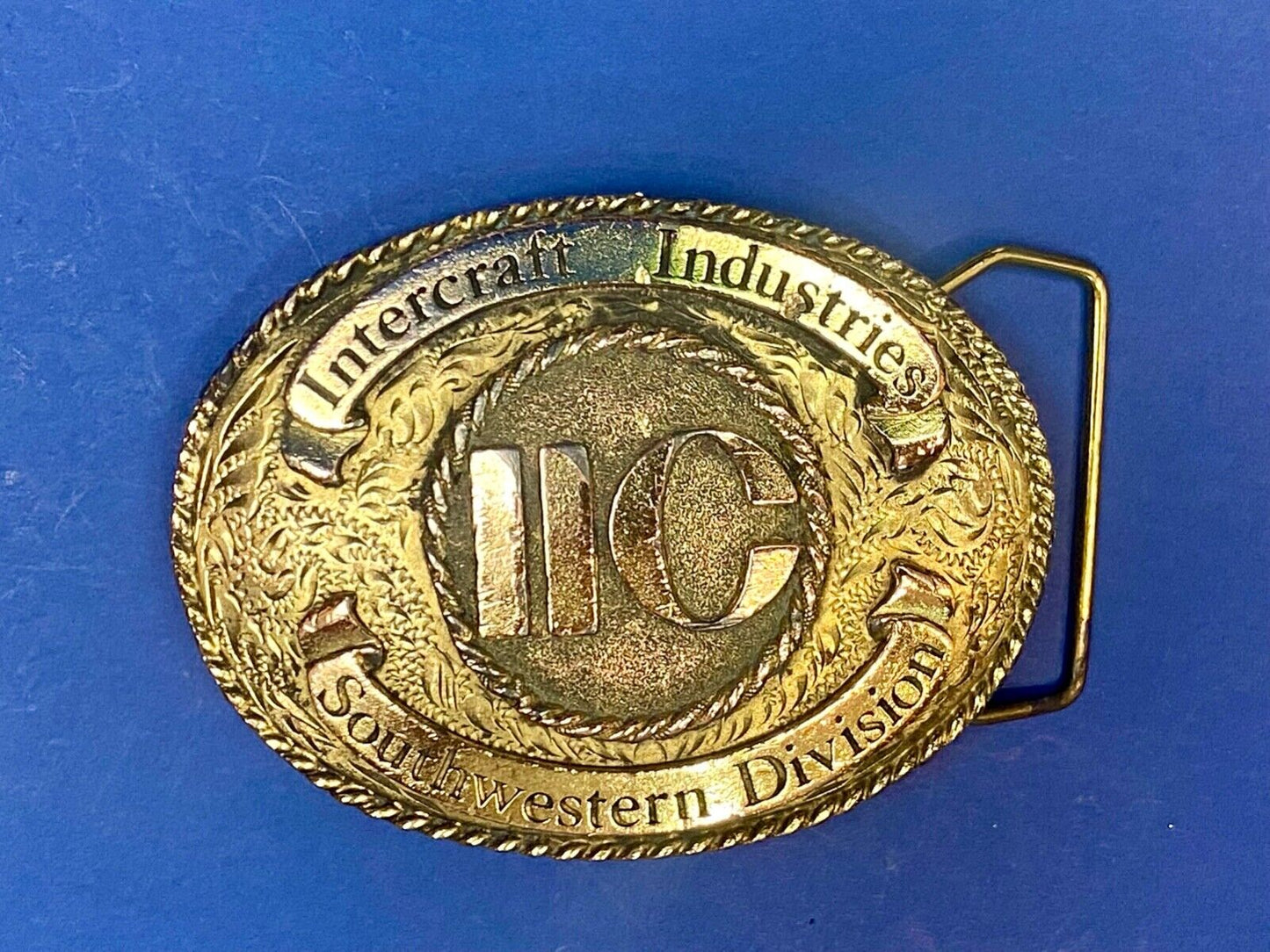 1982  Ornate Intercraft Industries Texas Iic Company Advertising Belt Buckle