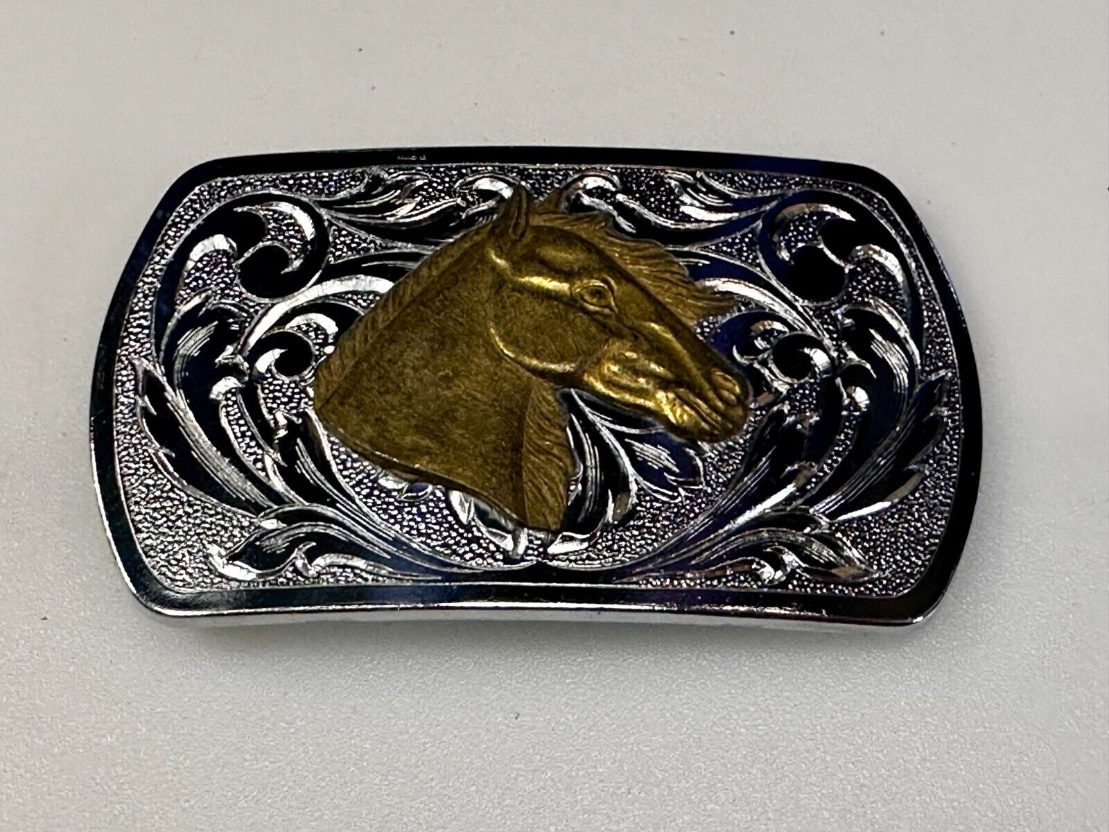Two Tone Horse Head Vintage Western Flower Swirl Design Belt Buckle