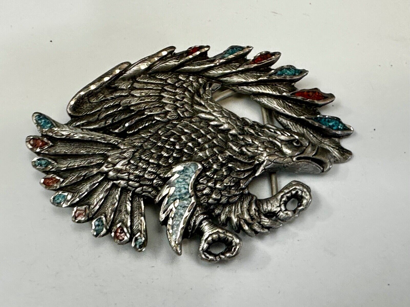 Turquoise Coral Cut Out Hunting Attacking Eagle 2002 Enchantment Belt Buckle
