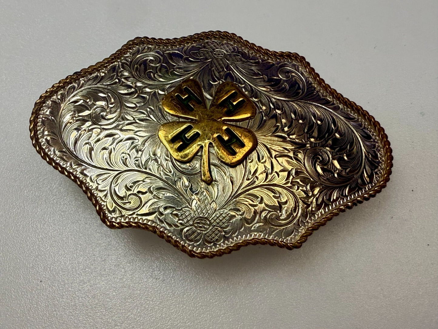 4H Leaf Swirl Ornate German Silver Montana Silversmiths Belt Buckle