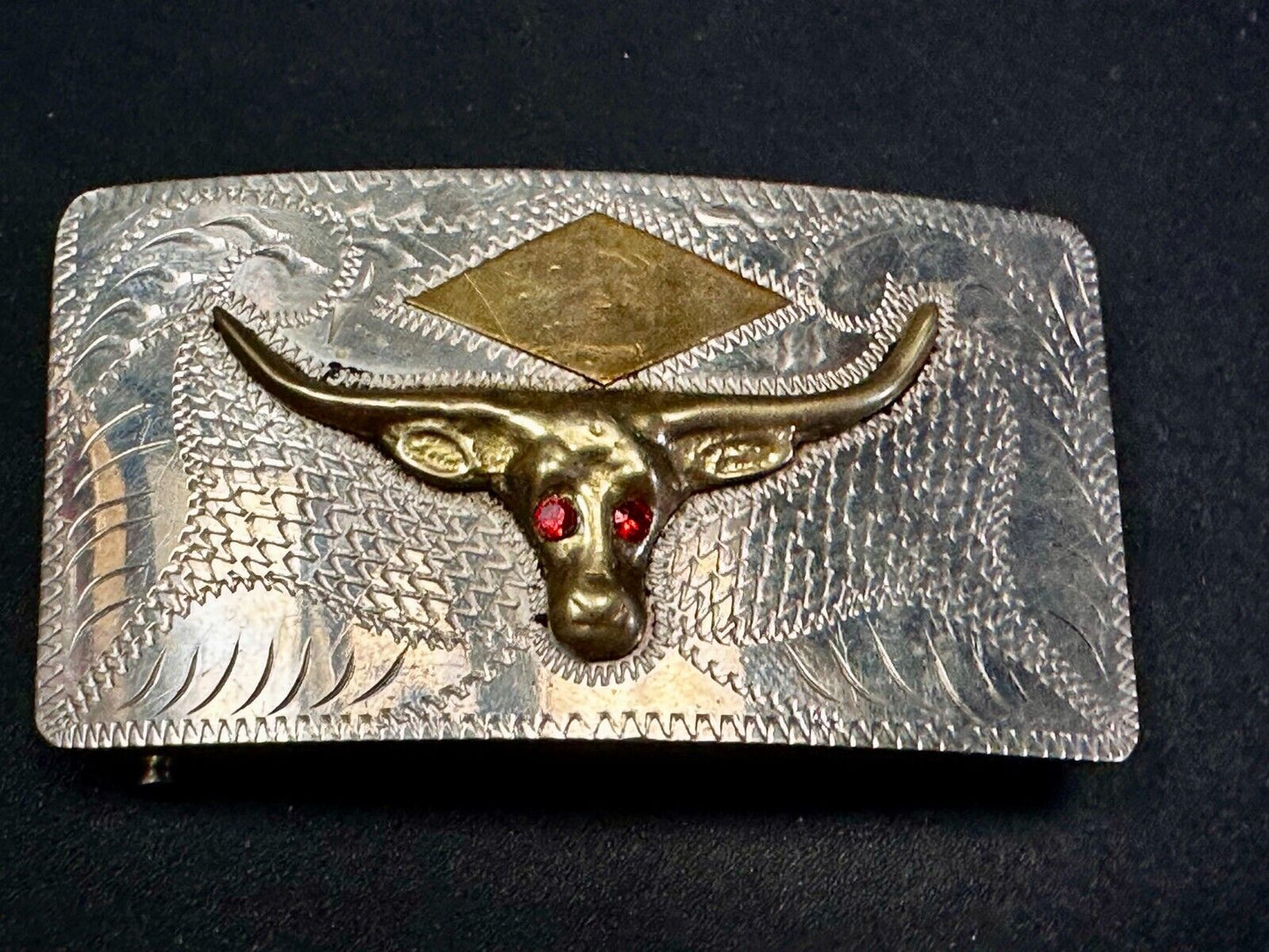 Antique Longhorn Vintage Silver & Gold Tone? Engraved Belt Buckle  Red Ruby Eyes