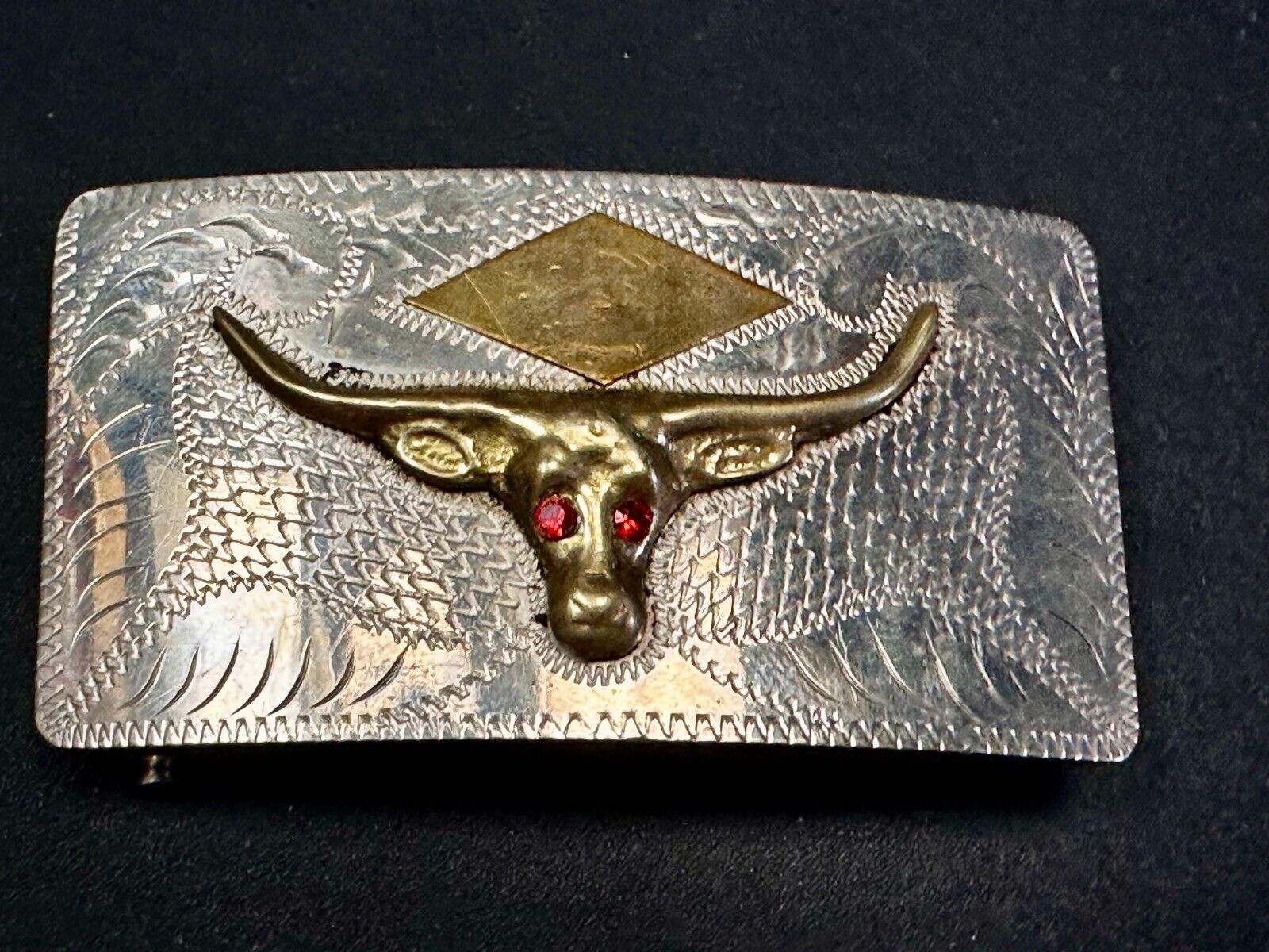Antique Longhorn Vintage Silver & Gold Tone? Engraved Belt Buckle  Red Ruby Eyes