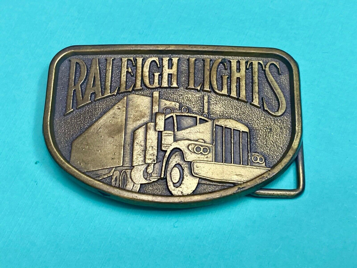 1970S Vintage Raleigh Lights Semi Truck Trucker Brass Tone Belt Buckle By Rj