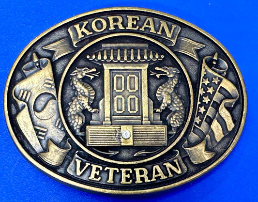American Korean War Veteran WW II Soldier Commemorative Brass Tone Belt Buckle