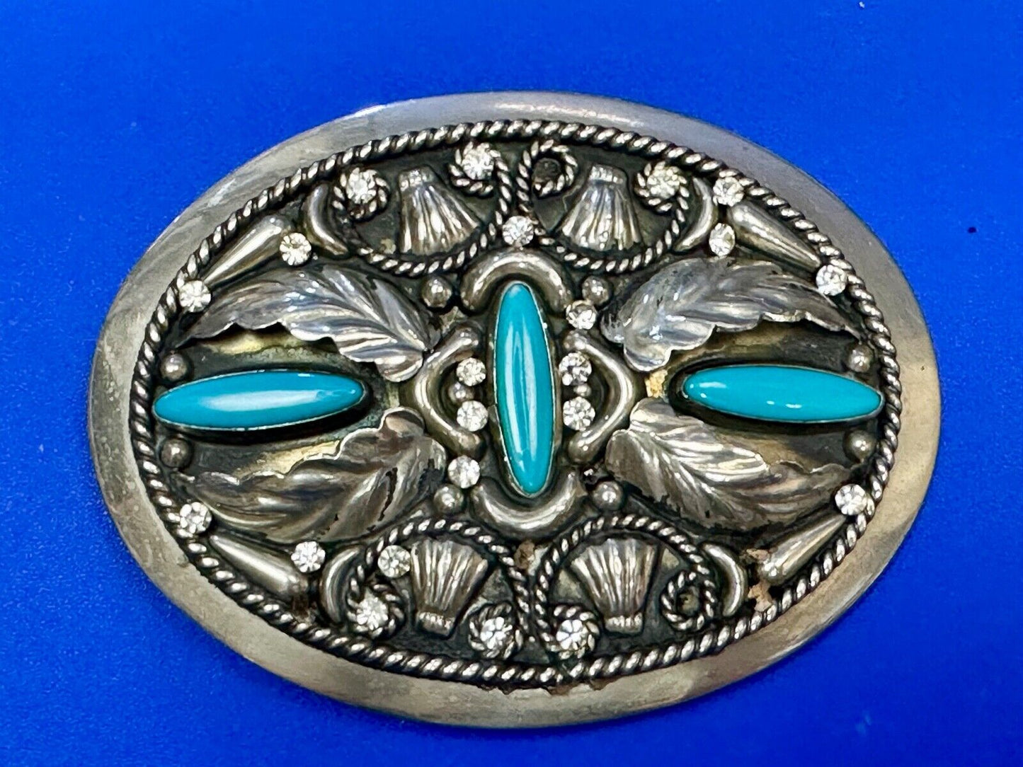 Vintage Faux Turquoise and Feather's Beautiful Alpaca Mexico Stamped Belt Buckle