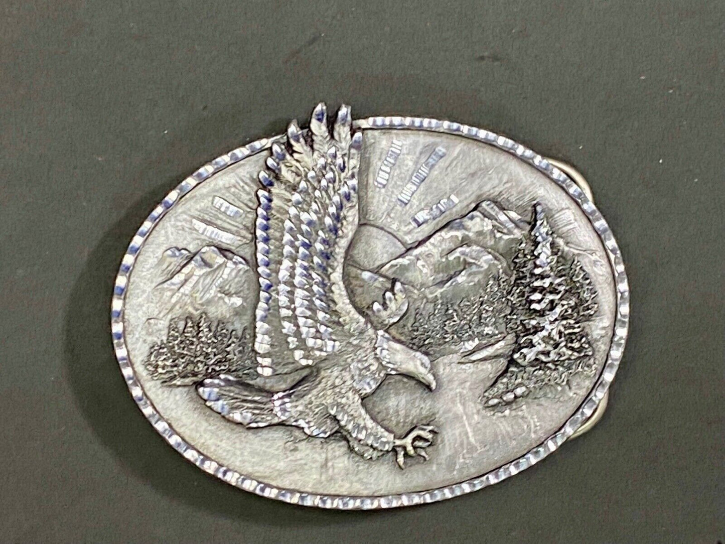 Vintage 1982 Majestic American Eagle Flying Over Mountains Belt Buckle 