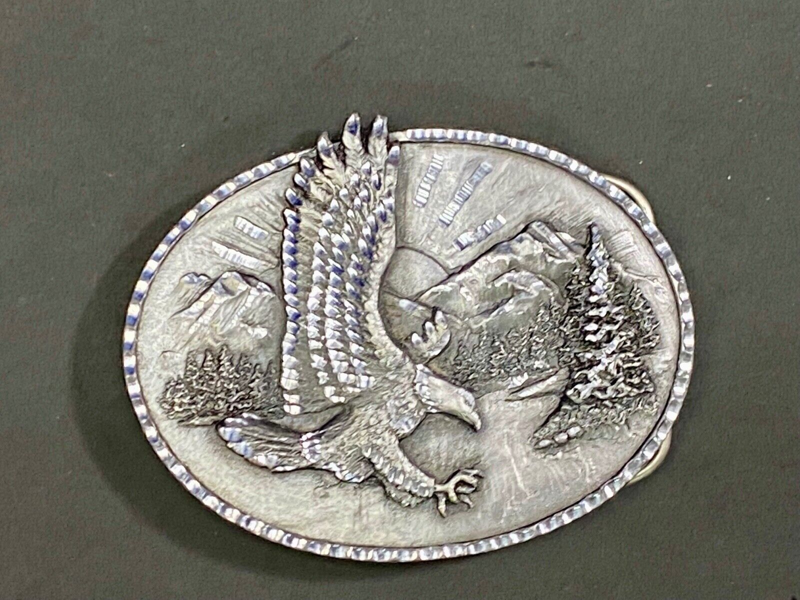 Vintage 1982 Majestic American Eagle Flying Over Mountains Belt Buckle 