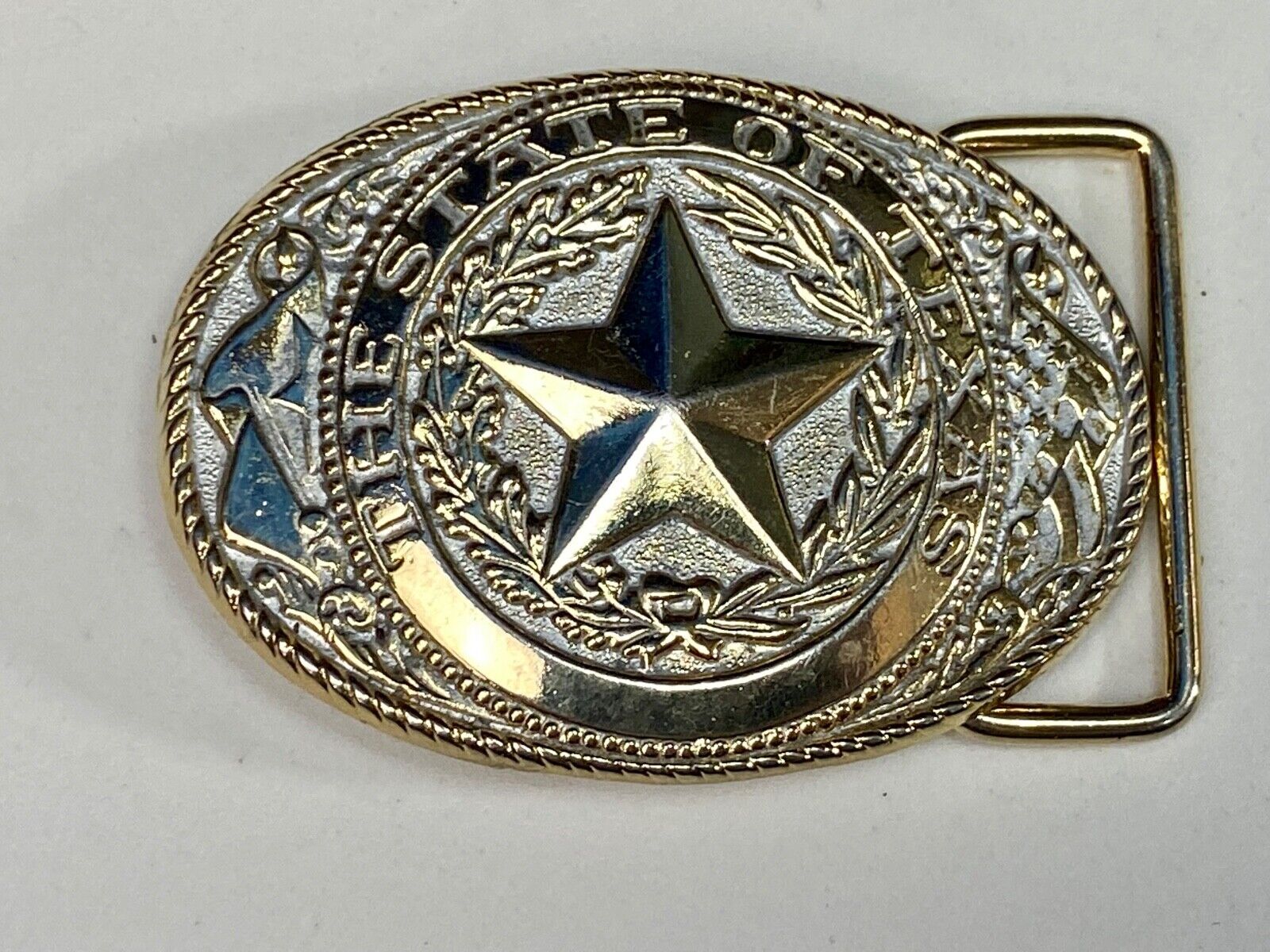 The Great State Of Texas Star Commemorative Gold & Cream Color Belt Buckle 