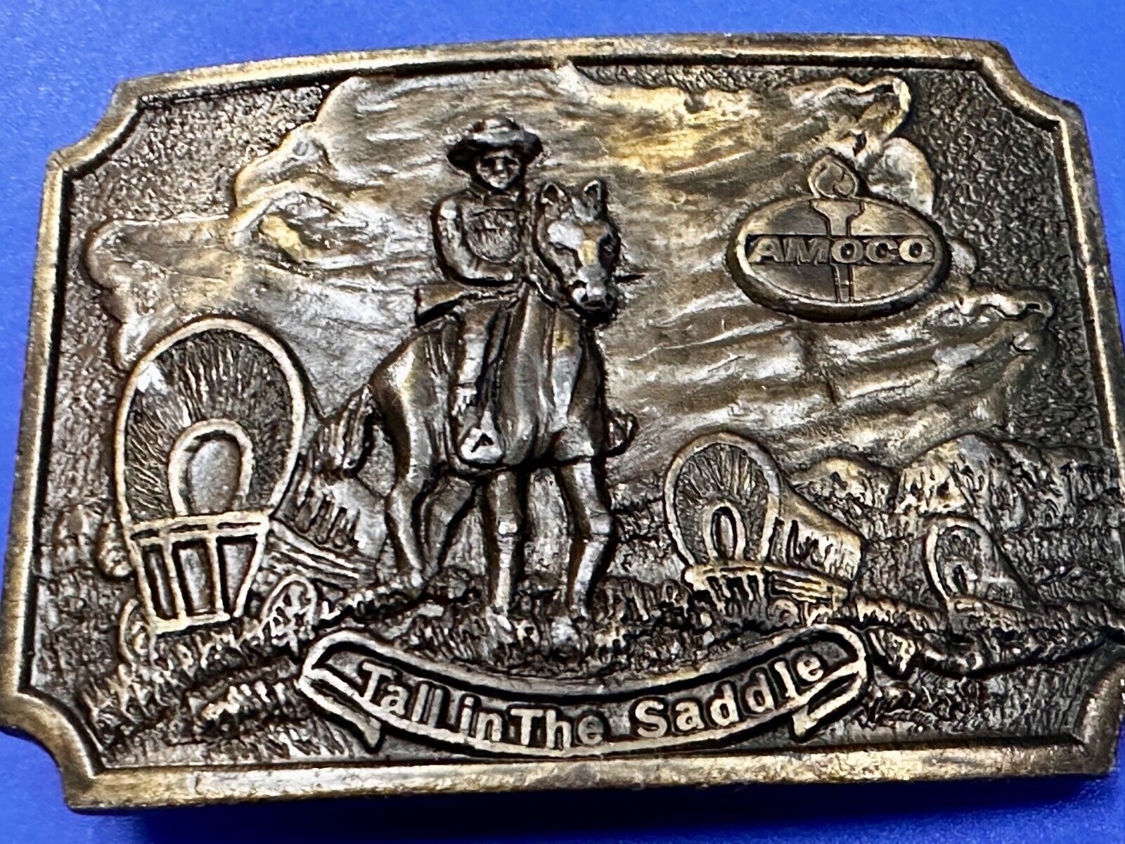 Amoco Oil Tall in the Saddle Wagon Brass Tone Western Cowboy Horse Belt Buckle