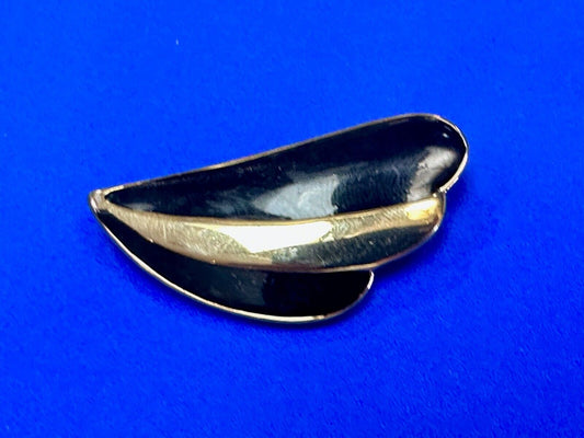 Abstract Leaf Shaped Black Enamel Gold tone brooch pin