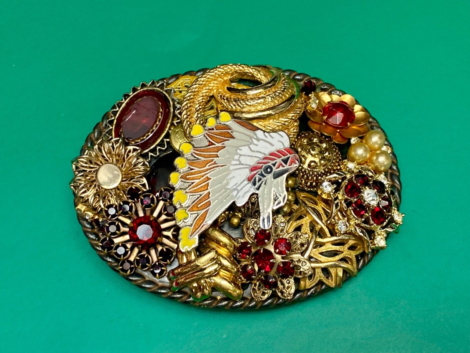 Beautiful steampunk mixed material rhinestone covered oval belt buckle