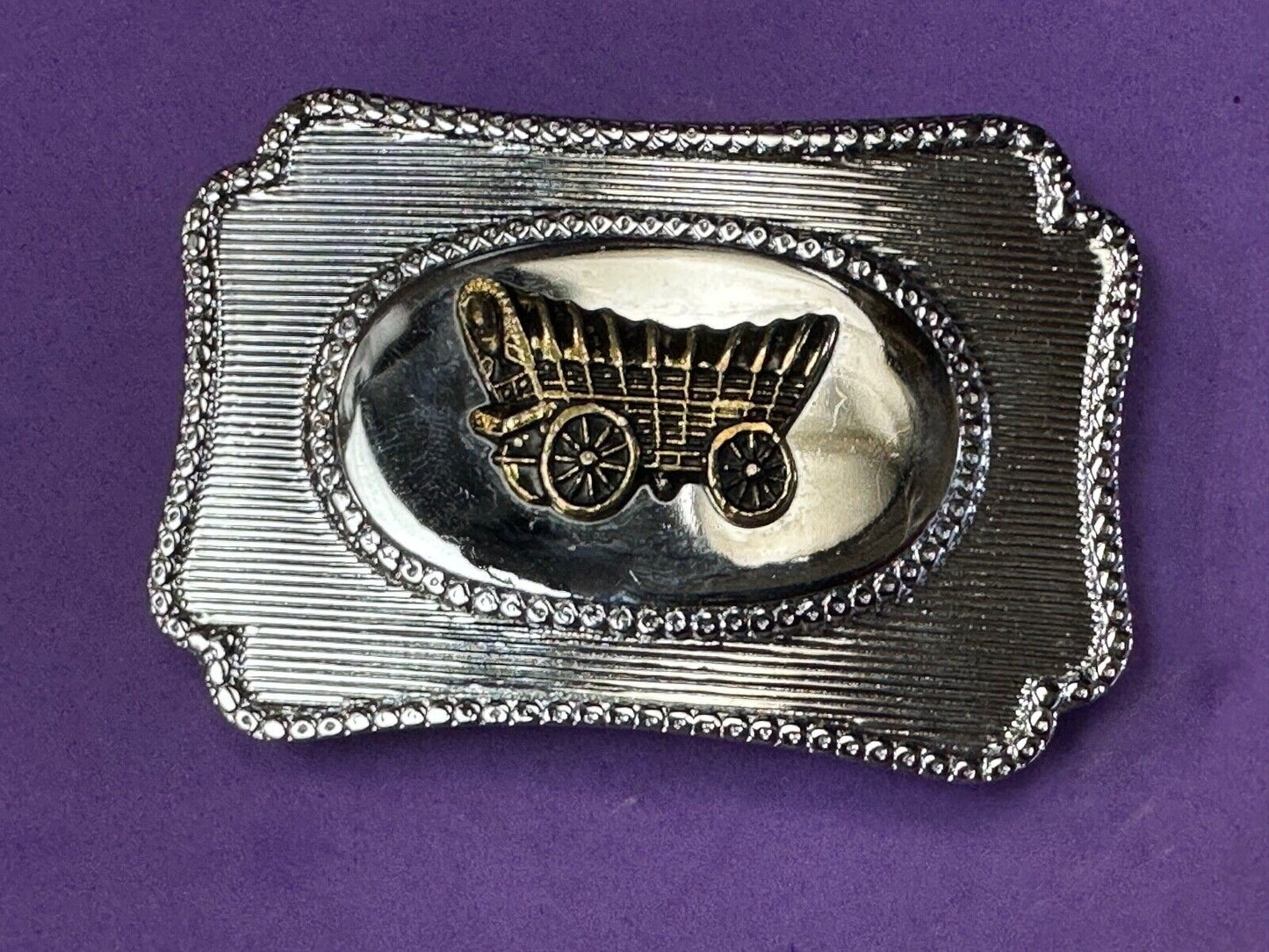 Vintage Horse Drawn Covered wagon on western two tone belt buckle