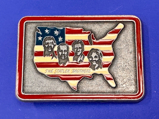 The Statler Brothers American Flag Country Shaped background band belt buckle