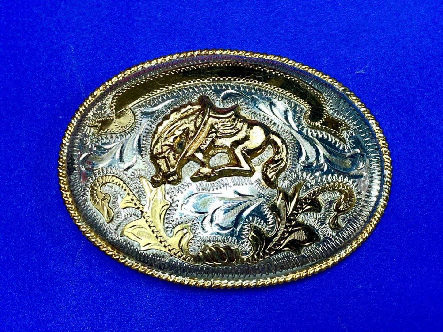 Vintage Horse w/ award ribbon scroll Alpaca Mexico Stamped western belt buckle