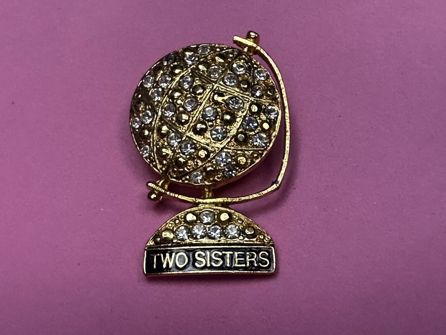 Two Sisters - Globe Covered with Rhinestone's Vintage Gold Tone Brooch Pin