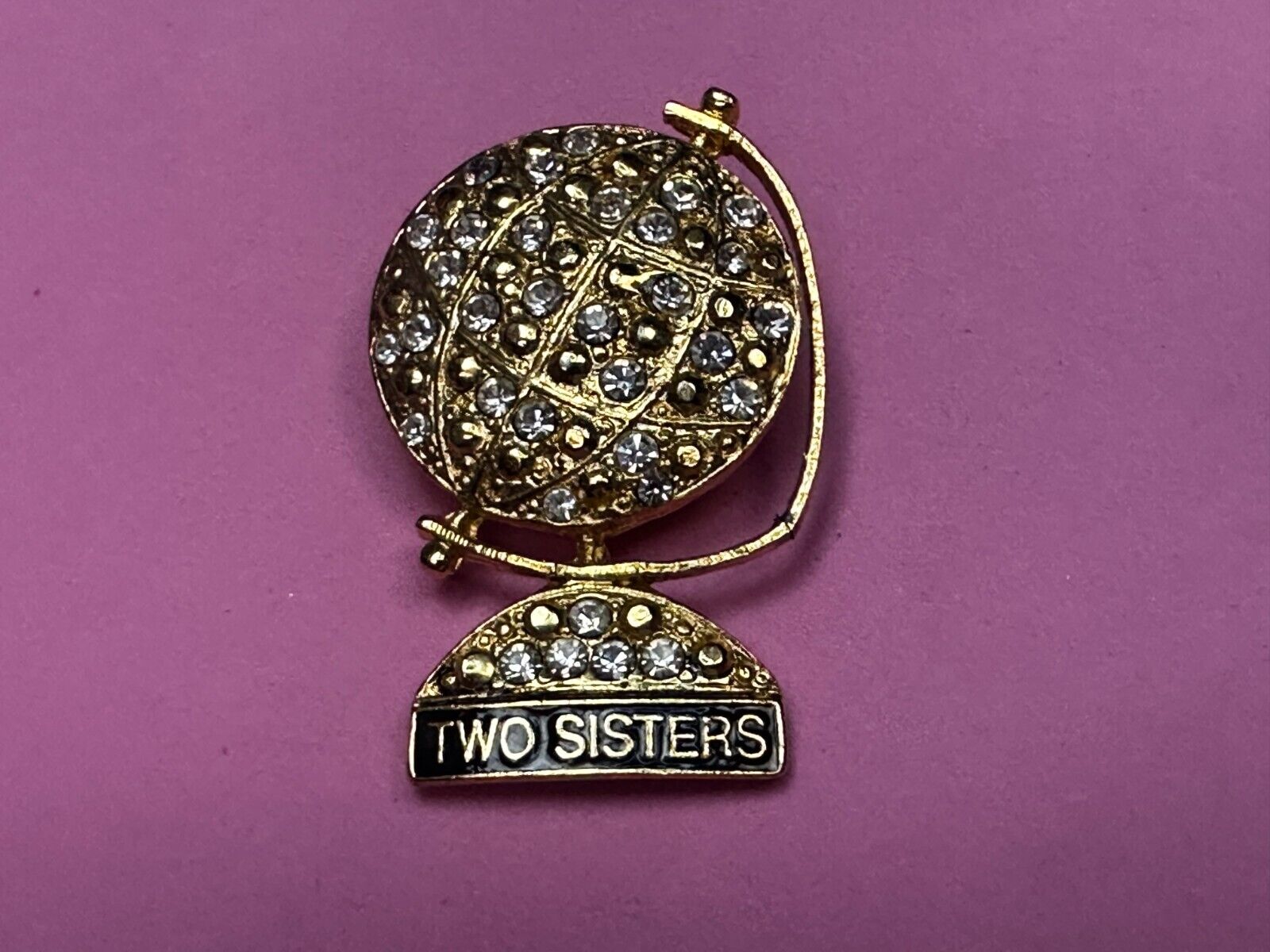 Two Sisters - Globe Covered with Rhinestone's Vintage Gold Tone Brooch Pin