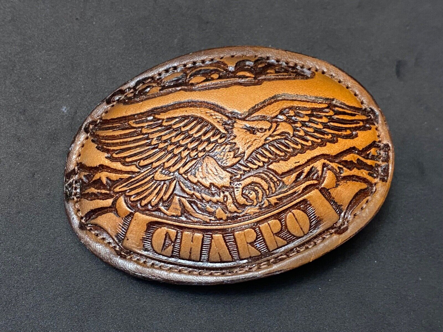 920 Charro - Hunting Eagle claws out - Vintage large oval leather belt buckle