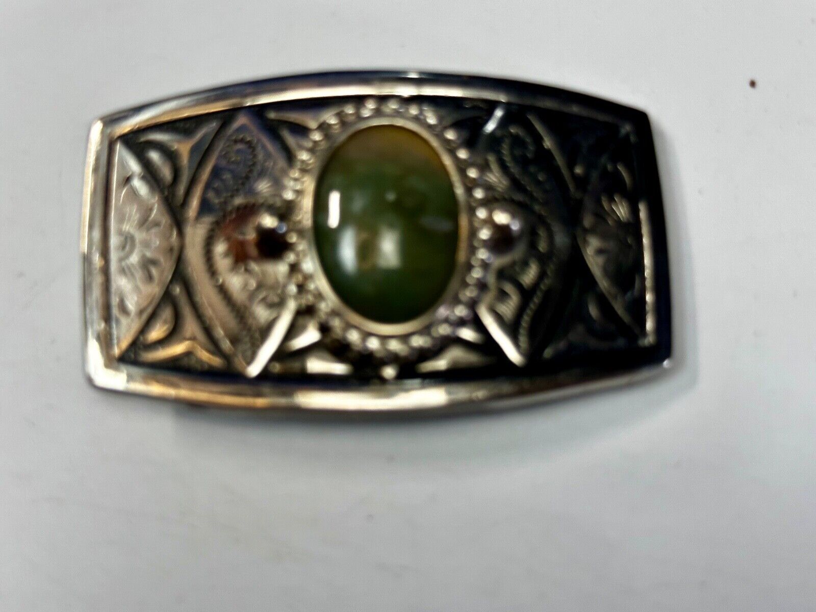 Vesuvianite? Cabochon Cab Centerpiece - Western silver & black color Belt Buckle