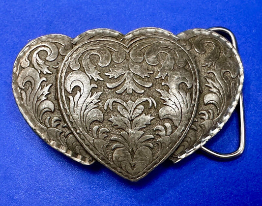Triple Hearts Flower Swirl VTG 1995 Western Cowboy Cowgirl Belt Buckle C&J Inc.